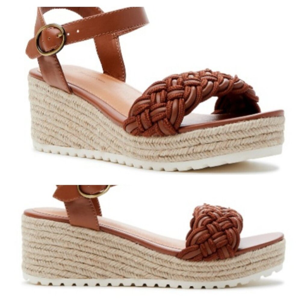 Time and Tru Women's Braided Espadrille Memory Foam Wedge Sandals – Cognac Brown - Picture 2 of 3